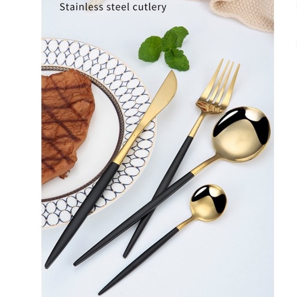 24 Piece Silverware Dinnerware Cutlery Set Black Gold Stainless Steel Elegant - Picture 7 of 12